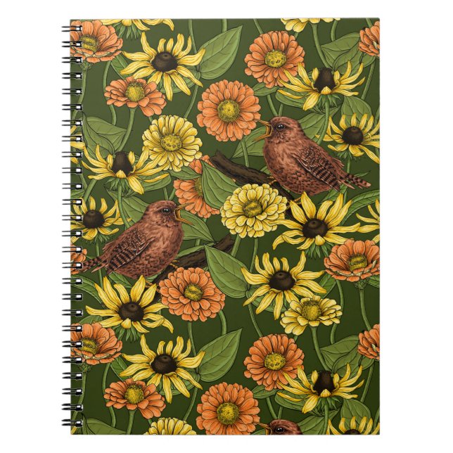 Caderno Espiral Carriças e flores em verde (Frente)