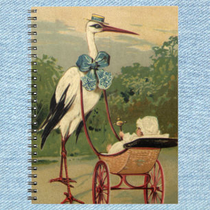 Caderno Espiral Carrinho de Bebê e Cegonha Vitoriano Antigo