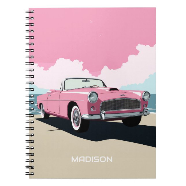 Caderno Espiral Carro Clássico Rosa de Nome Personalizado (Frente)