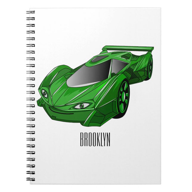 Caderno Espiral Carro desportivo verde com ilustração aerofoil (Frente)