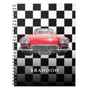 Caderno Espiral Carro Esportivo Vermelho, Nome Branco, Xadrez Pret