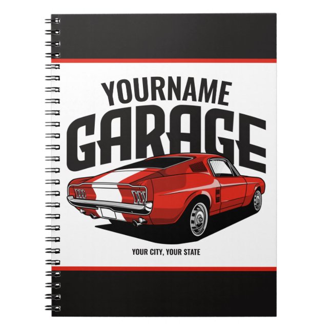Caderno Espiral Carro Muscular Personalizado, 1967, Garagem Vermel (Frente)