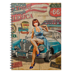 Caderno Espiral Carro viagem através do poster vintage americano.