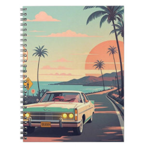 Caderno Espiral Carro vintage retrorreflector na estrada de praia