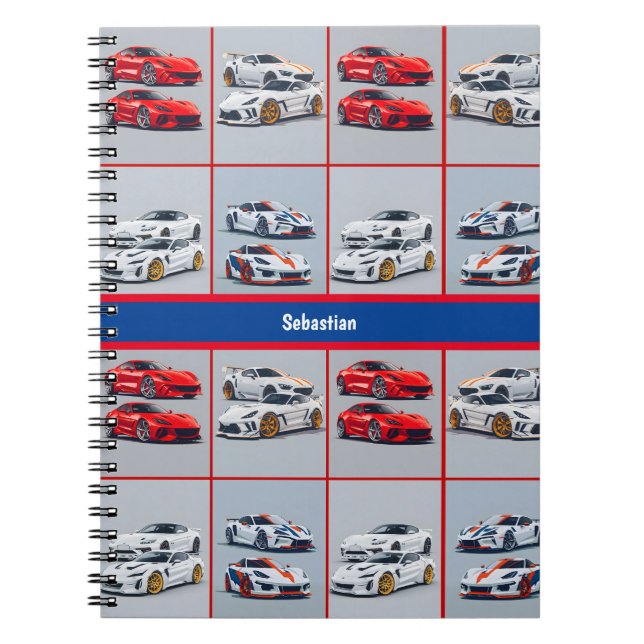Caderno Espiral Carros Esportivos Vermelho Branco Azul Revista Ado (Frente)