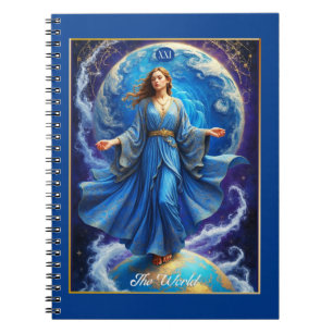 Caderno Espiral Carta de Tarot, o Mundo, em Azul Profundo