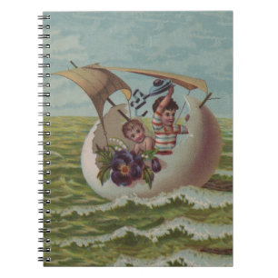 Caderno Espiral Cartão Antigo de Páscoa Ovo de Crianças Navegando