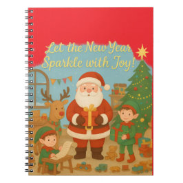 Caderno Espiral Cartão de Ano Novo do Papai Noel e Elfos Fofo