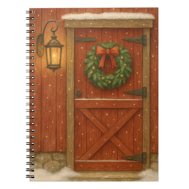 Caderno Espiral Cartão de Natal Rustic Barn Door (Frente)