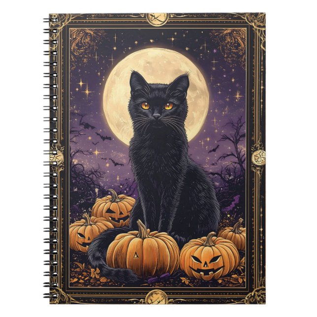 Caderno Espiral Cartão tarô temido do Halloween com gato preto (Frente)