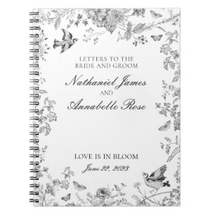 Caderno Espiral Cartas de Casamento em Toile De Jouy Preto Noiva &