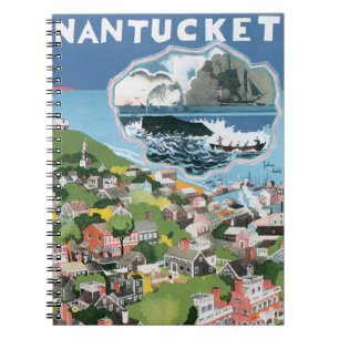 Caderno Espiral Cartaz de Viagem Antigo, Mapa da Ilha Nantucket, M