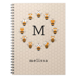 Caderno Espiral Cartoon Cute Monograma Mel Abelhas Honeycomb