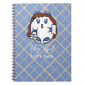Caderno Espiral Cartoon de Animal Fofinho Azul Branco Dourado para