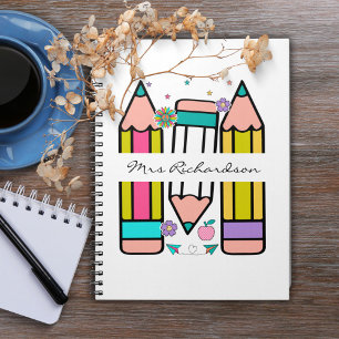 Caderno Espiral Cartoon de lápis de nome de professor colorido