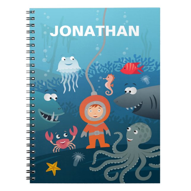 Caderno Espiral Cartoon Diver Kid Embaixo da Água Animais Aquático (Frente)