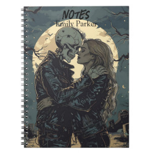 Caderno Espiral Cartoon gótico romântico de esqueleto e mulher