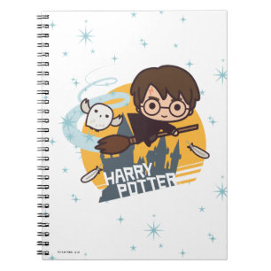 Caderno Espiral Cartoon Harry e Hedwig voando no passado Hogwarts