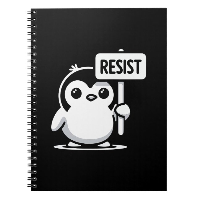 Caderno Espiral Cartoon Penguin Holding Sinal RESIST - B & W (Frente)