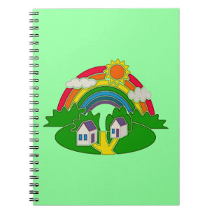 Caderno Espiral Cartoon rural com arco-íris e casa de campo