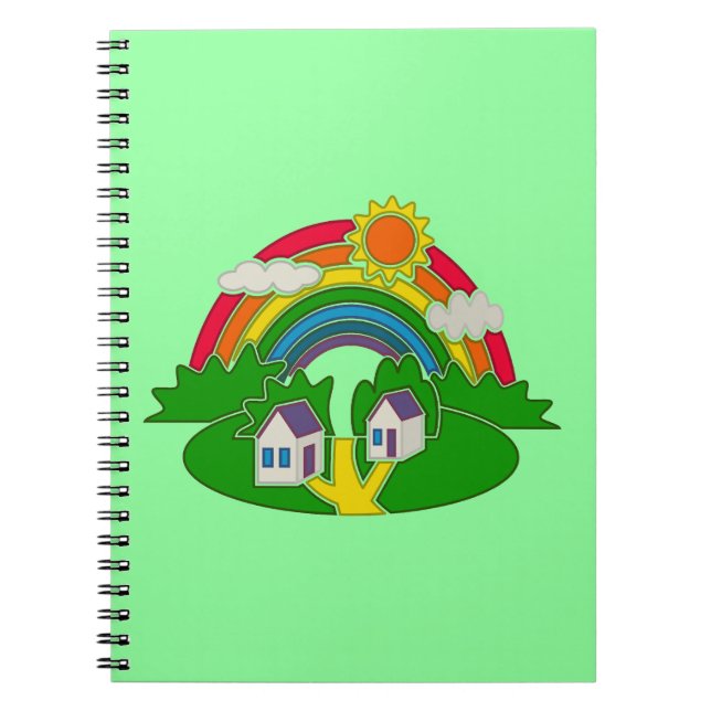 Caderno Espiral Cartoon rural com arco-íris e casa de campo (Frente)