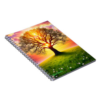 Caderno Espiral Carvalho Antigo na Colina Verde ao Pôr do Sol