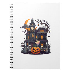 Caderno Espiral Casa Assombrada de Halloween Esqueletos Abóbora Fa