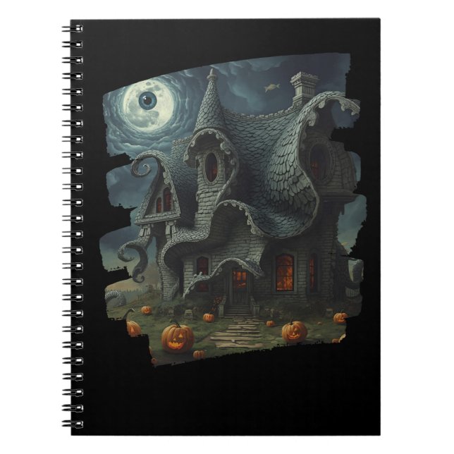 Caderno Espiral Casa Assustadora Surreal com Pumpkins e Lua (Frente)