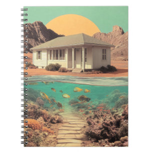 Caderno Espiral Casa Surrealista no Deserto com Recife Subaquático