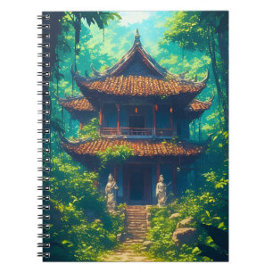Caderno Espiral Casa Tailandesa Ensolarada na Selva Luxuriante