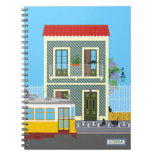 Caderno Espiral Casa velha de Lisboa com gatos e elétrico amarelo