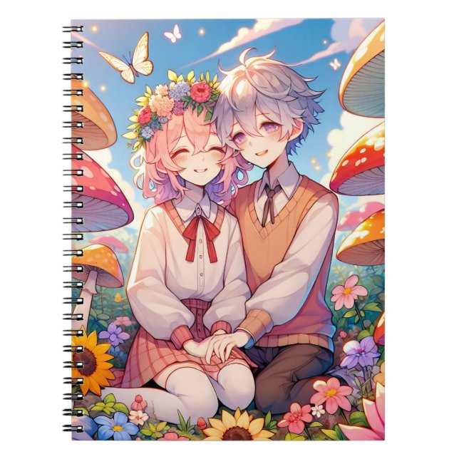 Caderno Espiral Casal de anime Fofinho bonito, romântico (Frente)
