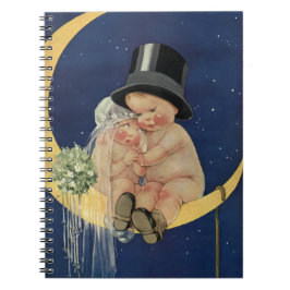 Caderno Espiral Casamento Antigo, Noiva e Noivo Fofo em uma Lua