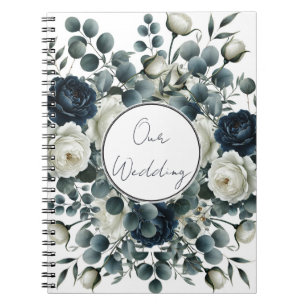 Caderno Espiral Casamento Azul Escuro e Branco com Florais Moderna