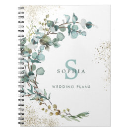Caderno Espiral Casamento Botânico com Brilho Dourado de Eucalipto
