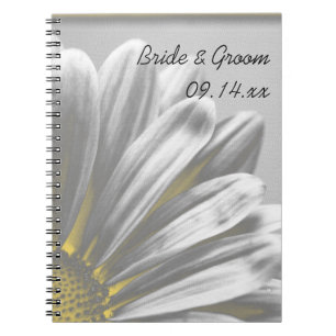 Caderno Espiral Casamento de Destaques Florais Amarelos e Cinzas