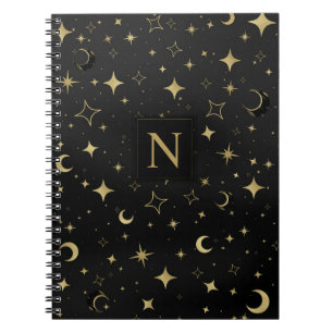 Caderno Espiral Casamento de Estrelas Celestiais Negras e Douradas