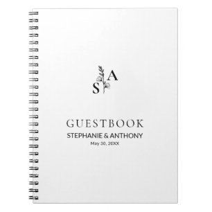 Caderno Espiral Casamento de flor selvagem Mínimo BW Monograma