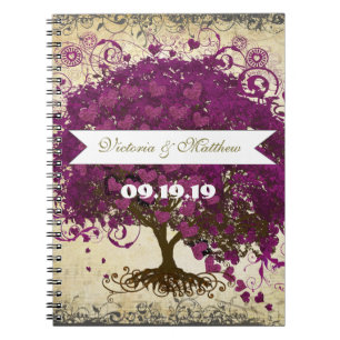 Caderno Espiral Casamento de Folha de Coração Roxo Sangria Magenta