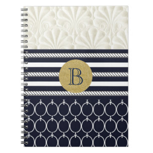 Caderno Espiral Casamento de Praia Elegante Naval e Branco