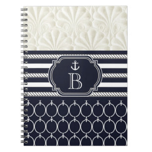 Caderno Espiral Casamento de Praia Elegante Naval e Branco