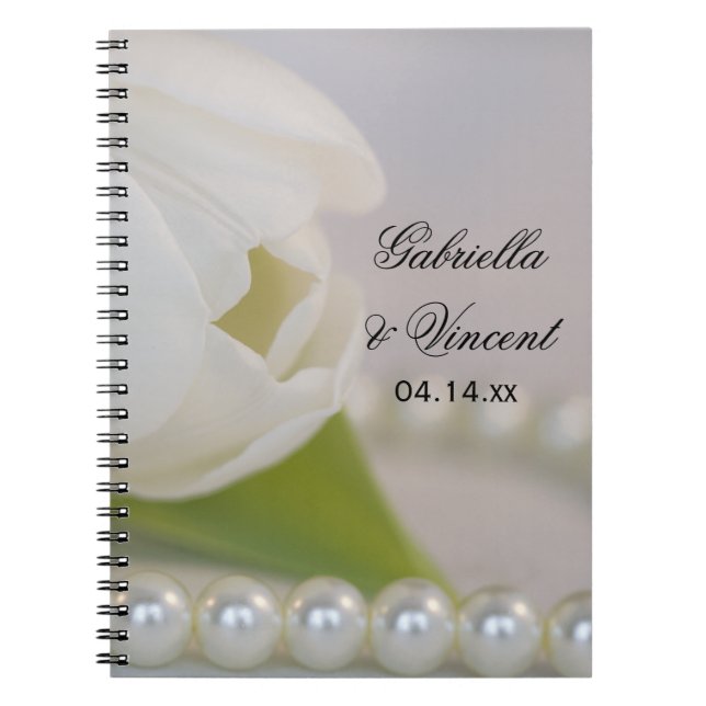 Caderno Espiral Casamento de primavera com Tulipas Brancas e Pérol (Frente)