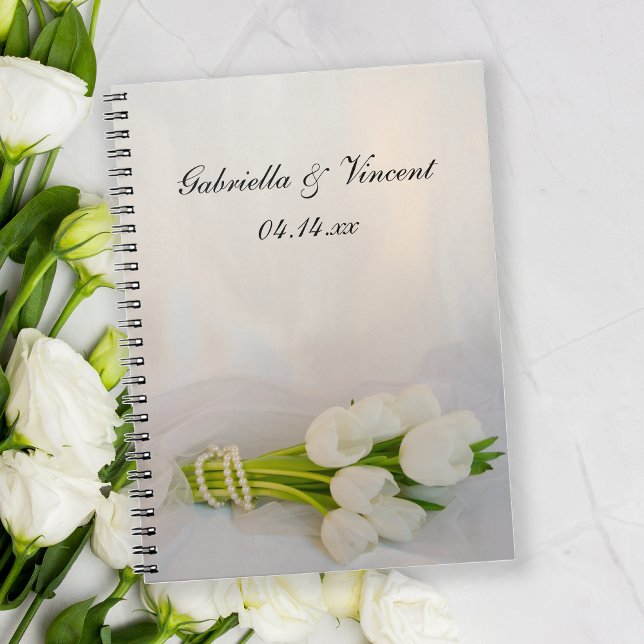 Caderno Espiral Casamento de primavera do Buquê de Tulipa Branca (Criador carregado)