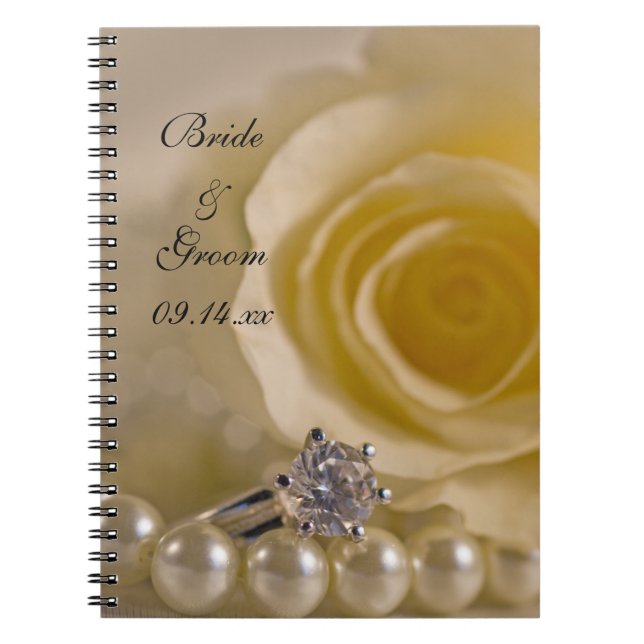 Caderno Espiral Casamento de Rosa Branca, Anel Noivado e Pérolas (Frente)