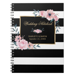 Caderno Espiral Casamento Dourado Rosa Negro e Branco