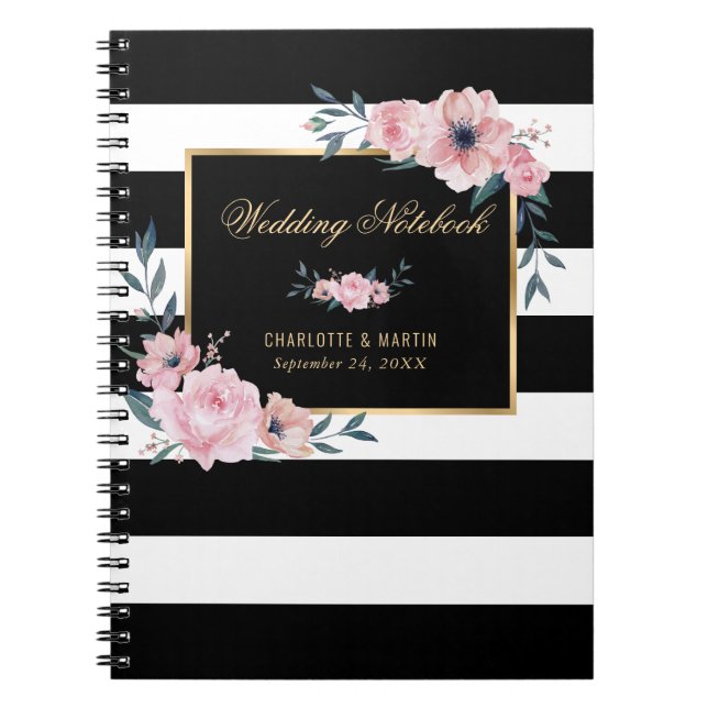 Caderno Espiral Casamento Dourado Rosa Negro e Branco (Frente)