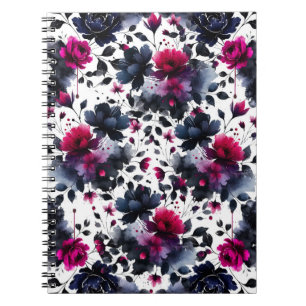 Caderno Espiral Casamento Floral Azul Meia-Noite Borgonha Amêndoa