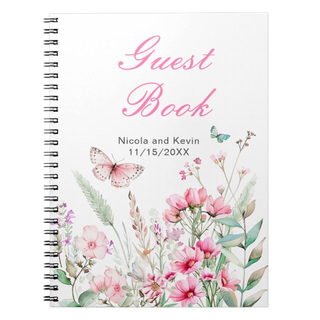 Caderno Espiral Casamento Floral com Borboleta Rosa primavera (Frente)