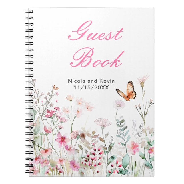 Caderno Espiral Casamento Floral com Borboleta Rosa Profunda prima (Frente)