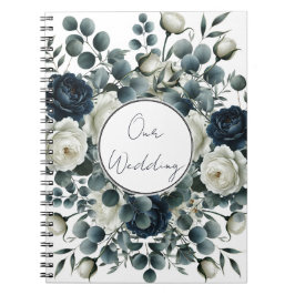 Caderno Espiral Casamento Floral Moderno Azul Escuro e Branco
